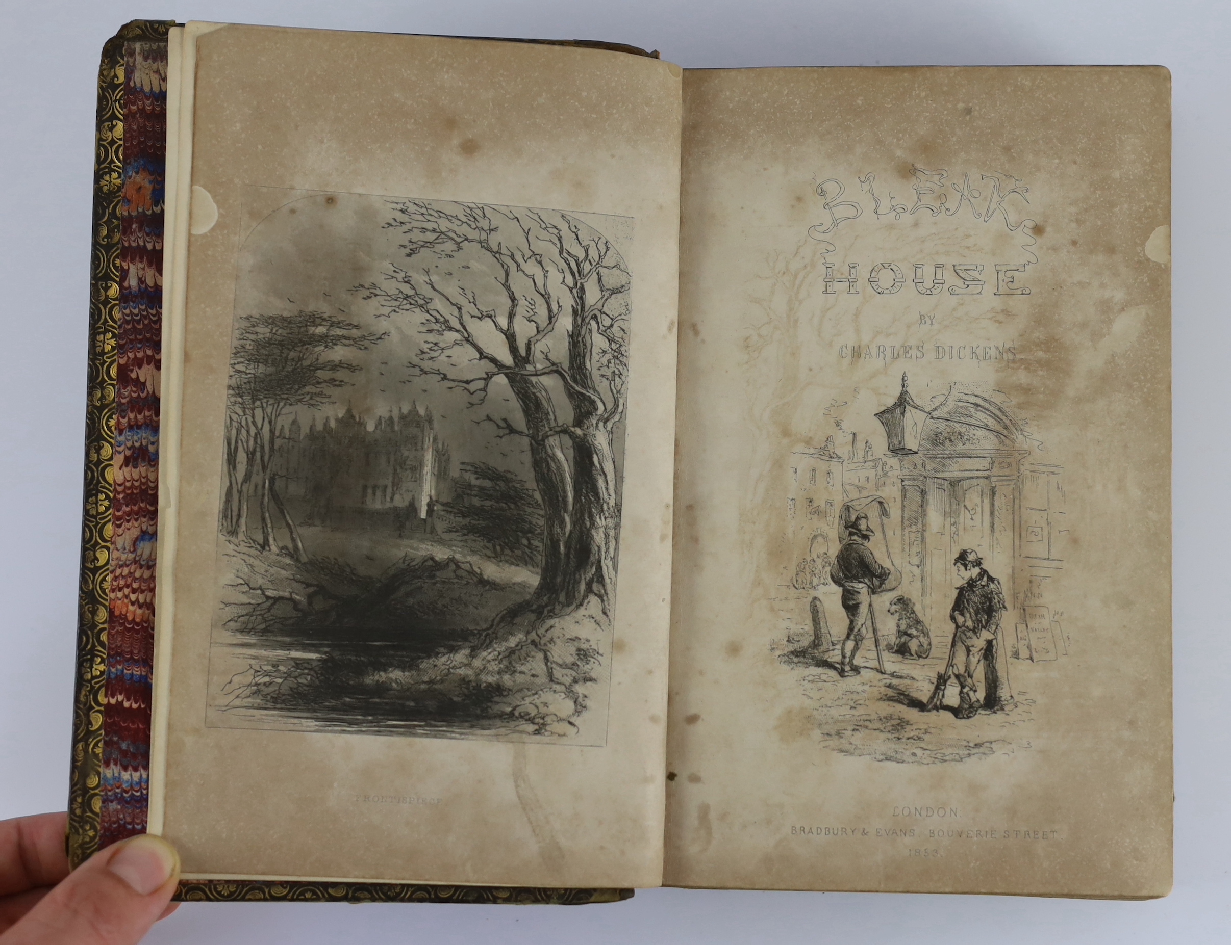 Dickens, Charles - Bleak House. First Edition, pictorial engraved and printed titles, frontis and 38 plates (by Hablot Brown). contemp. blind ruled and gilt decorated calf, rebacked preserving original panelled spine, ge